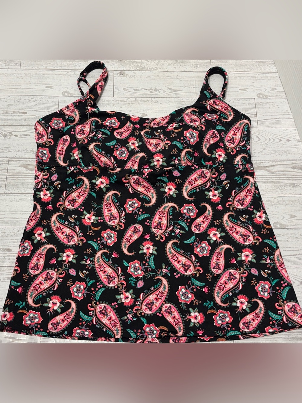 Lands' End Black Pink Paisley Floral Print Tankini Swim Top Women's Size 14